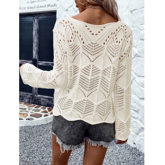 Off White Hollow Out Knit Long Bell Sleeve Pullover Light Sweater - Picture 6 of 8